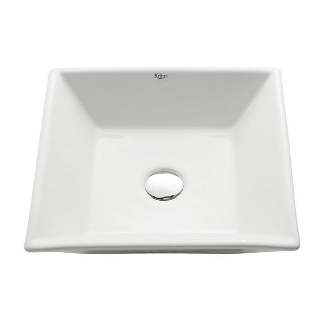 Kraus Square Ceramic Bathroom Sink in White with Pop Up Drain in Chrome