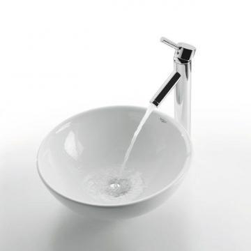 Kraus Round Ceramic Sink in White with Sheven Faucet in Satin Nickel