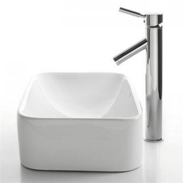 Kraus Rectangular Ceramic Vessel Sink in White with Sheven Faucet in Chrome