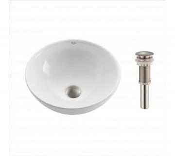 Kraus Round Ceramic Sink in White with Pop-Up Drain in Satin Nickel