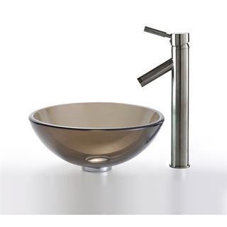 Kraus 14" Clear Glass Vessel Sink in Brown with Sheven Faucet in Satin Nickel