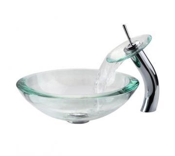 Kraus Clear Glass Vessel Sink with Waterfall Faucet in Satin Nickel