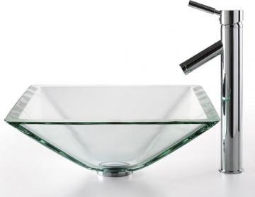 Kraus Clear Glass Vessel Sink in Aquamarine with Ventus Faucet in Chrome