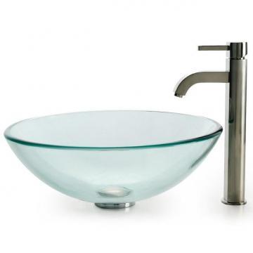 Kraus Clear Glass Vessel Sink with Ramus Faucet in Satin Nickel