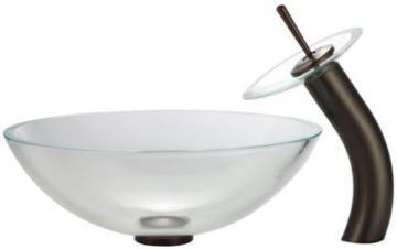 Kraus Glass Vessel Sink in Crystal Clear with Waterfall Faucet in Oil-Rubbed Bronze