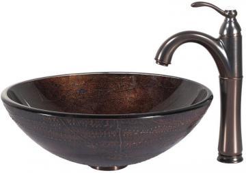 Kraus Saturn Glass Vessel Sink with Waterfall Faucet in Oil-Rubbed Bronze