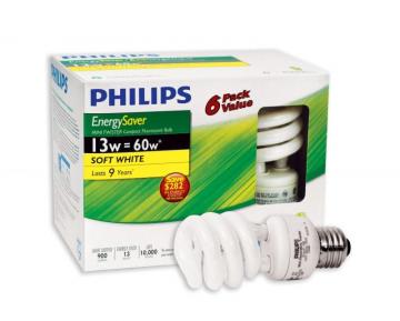 Philips CFL 13W = 60W Mini Twister Soft White (2700K) - 6 Pack