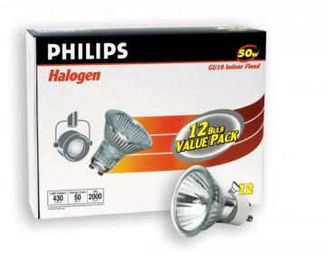 Philips 50 Watt Halogen GU10 Flood Bulb - 12 Pack