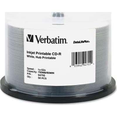 Verbatim DataLifePlus CD-R 52x 80-Min White Hub/Inkjet Print 50-Pack Spindle