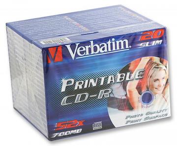 Verbatim 52x Speed CD-R Printable Blank CDs - 20 Pack Slim Case