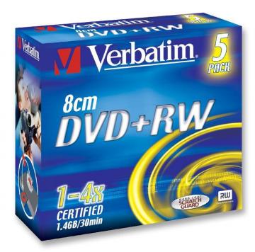 Verbatim 4x Speed DVD+RW 8cm Blank DVDs for Camcorder Use - 5 Pack Branded Jewel Case