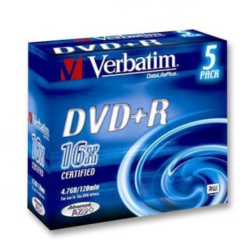 Verbatim 16x Speed DVD+R Matt Silver Blank DVDs - 5 Pack Branded Jewel Case