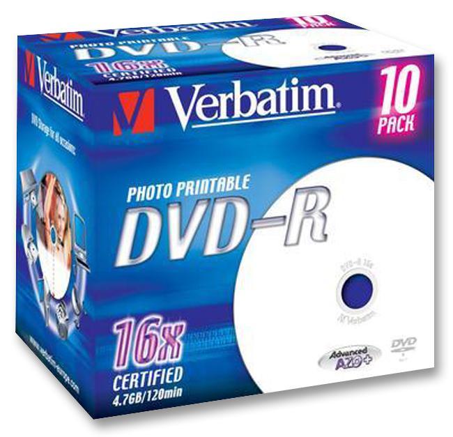 Verbatim 16x Speed DVD-R Wide Inkjet Printable Blank DVDs - 10 Pack Branded Jewel Case