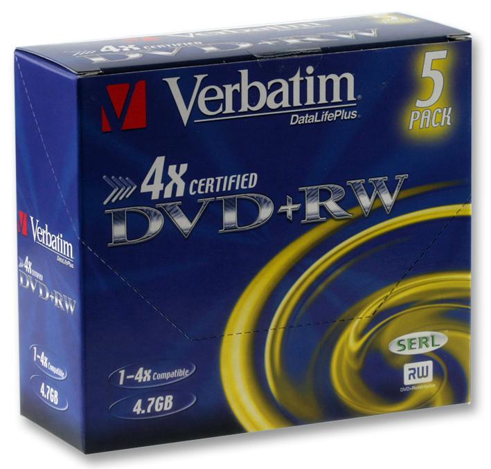 Verbatim 4x Speed DVD+RW Matt Silver Blank DVDs - 5 Pack Jewel Case