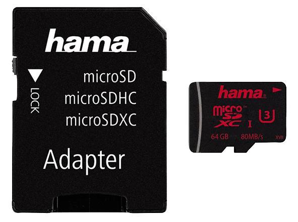 Hama 64GB Class 3 MicroSDHC UHS-1 Memory Card with SD Adapter - 80 MB/s