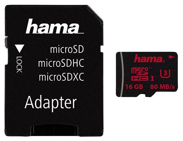 Hama 16GB Class 3 MicroSDHC UHS-1 Memory Card with SD Adapter - 80 MB/s