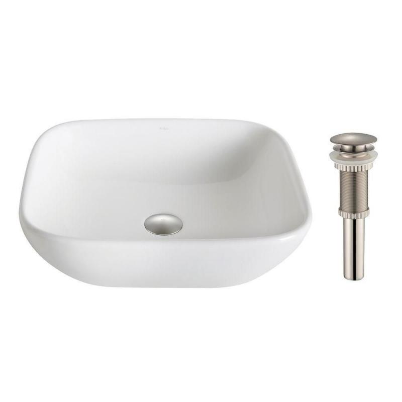 Kraus ElavoWhite Ceramic Soft Square Vessel Sink with Drain Brushed Nickel