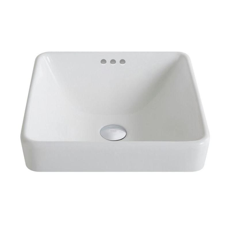 Kraus ElavoWhite Ceramic Square Semi-Recessed Vessel Sink with Overflow