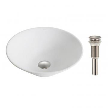 Kraus ElavoWhite Ceramic Round Vessel Sink with Drain Brushed Nickel