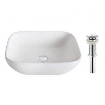 Kraus ElavoWhite Ceramic Soft Square Vessel Sink with Drain in Chrome
