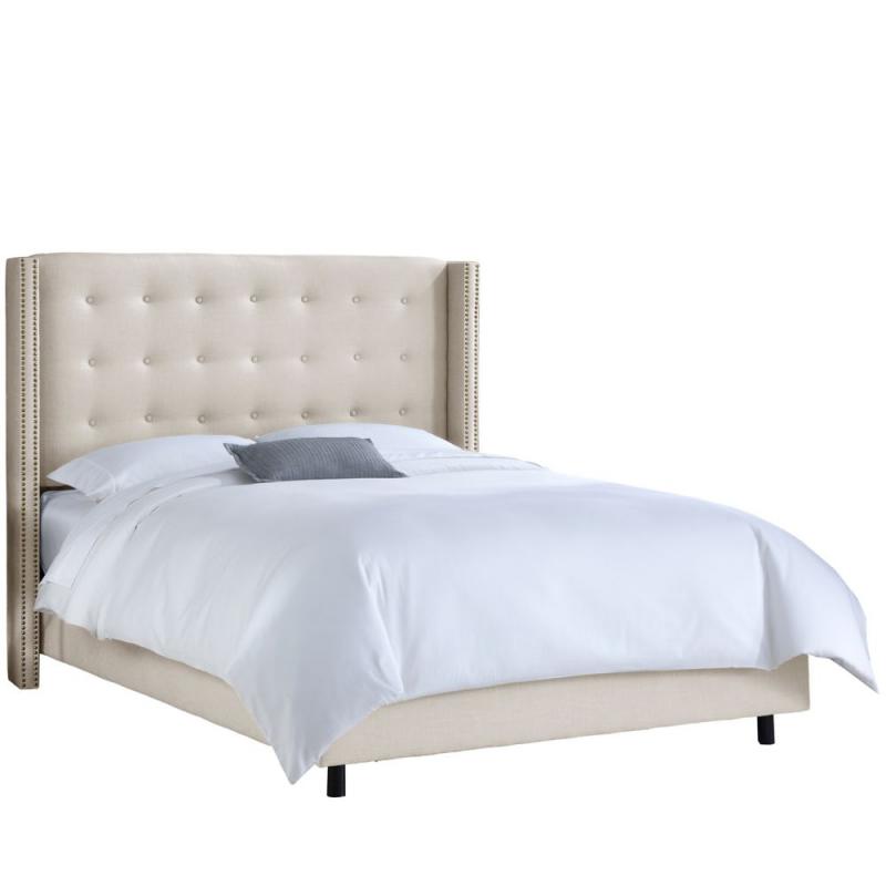 Skyline Queen Nail Button Tufted Wingback Bed In Linen Talc