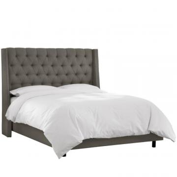 Skyline Full Nail Button Tufted Wingback Bed In Twill Grey