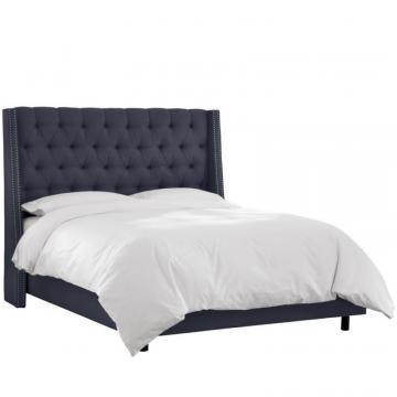 Skyline King Nail Button Tufted Wingback Bed In Twill Navy