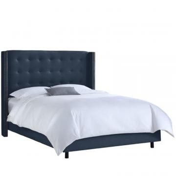 Skyline Queen Nail Button Tufted Wingback Bed In Linen Navy