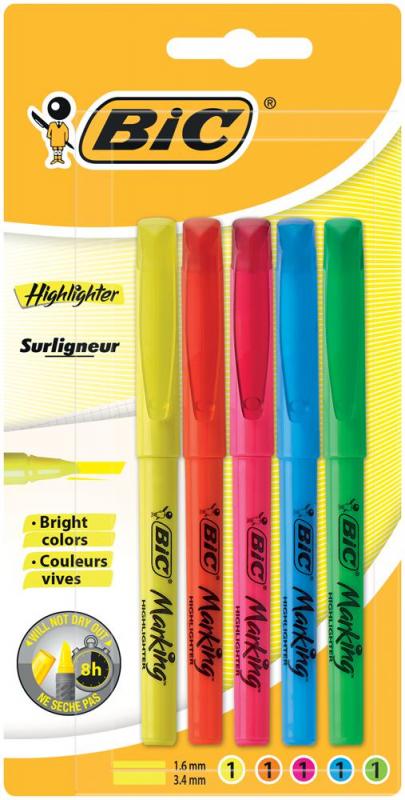 BIC Brite Liner Highlighter Pens - Pack of 5 Assorted Colours