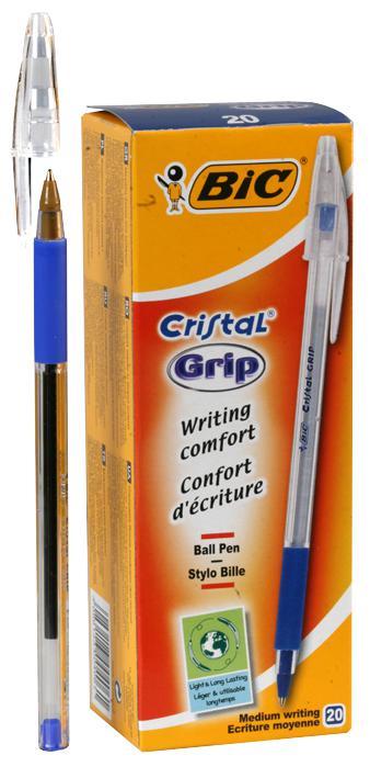 BIC Medium Tip Cristal Grip Ballpoint Pens - Pack of 20 (Blue)