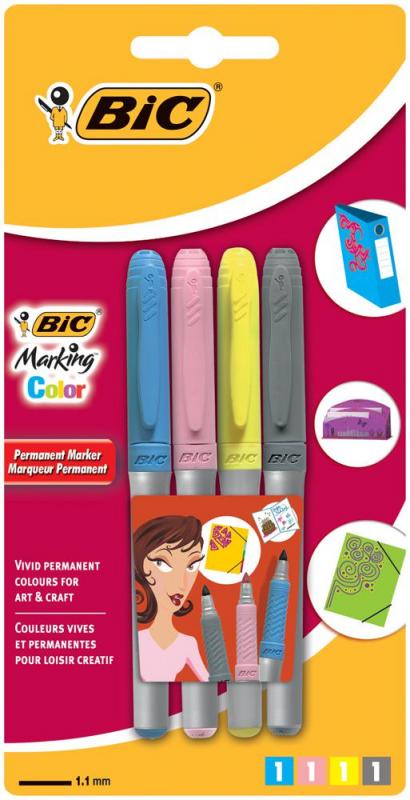 BIC Bullet Tip Marking Color Permanent Marker Pens - Pack of 4 Assorted Colours