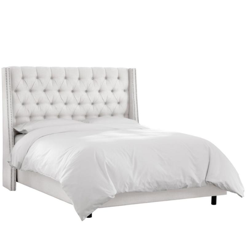 Skyline Queen Nail Button Tufted Wingback Bed In Twill White