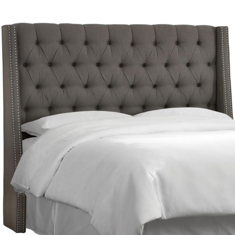 Skyline Queen Nail Button Tufted Wingback Headboard In Twill Grey