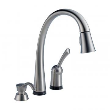 Delta Single Handle Pull-Down Kitchen Faucet with Touch2O(R) Technology and Soap Dispenser, Arctic S