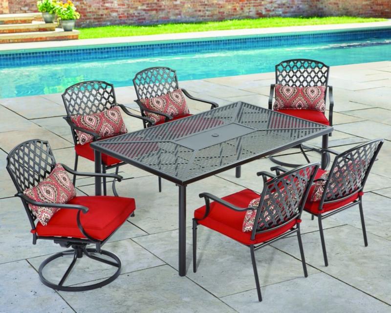 Hampton Bay King's Square 7-Piece Patio Dining Set with Red Cushions