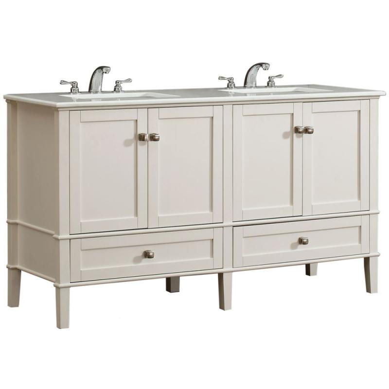 Simpli Home Chelsea 60-inch W Double Vanity in Soft White with Quartz Marble Top in White