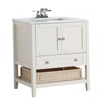 Simpli Home Cape Cod 30-inch W Vanity in Soft White Finish with Quartz Marble Top in White
