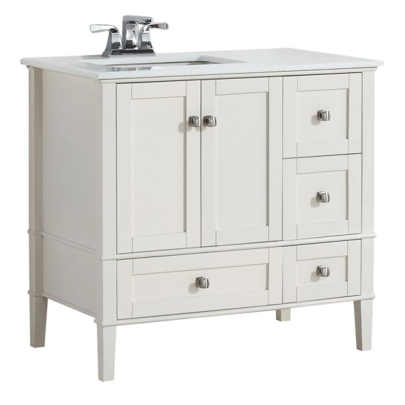 Simpli Home Cape Cod 36-inch W Left Offset Vanity in Soft White Finish with Quartz Marble Top