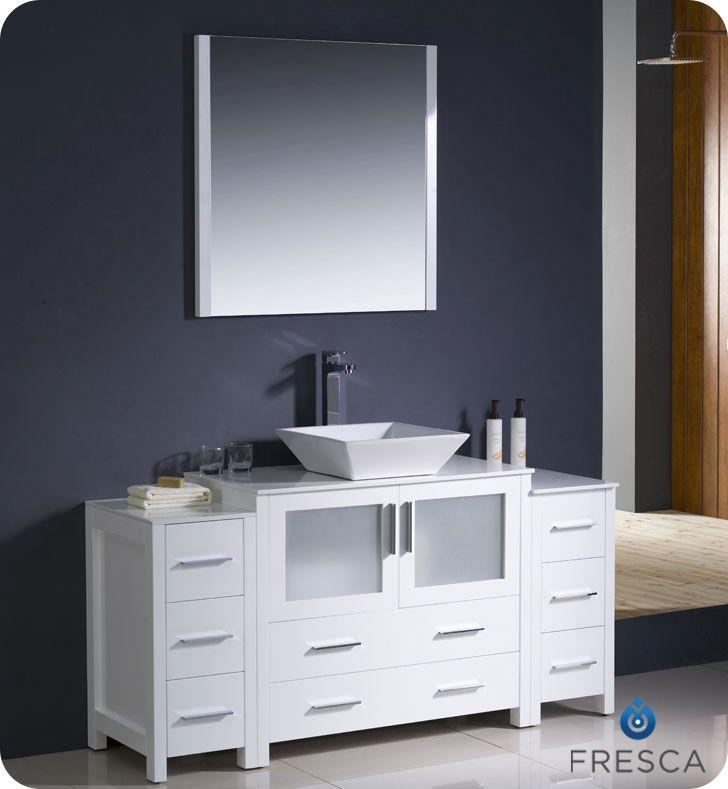 Fresca Torino 60" W Vanity in White Finish with 2 Side Cabinets and Vessel Sink