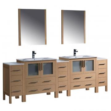 Fresca Torino 96" W Double Vanity in Light Oak with Integrated Basins and Mirror