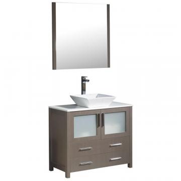 Fresca Torino 36" W Vanity in Grey Oak with Vessel Sink and Mirror