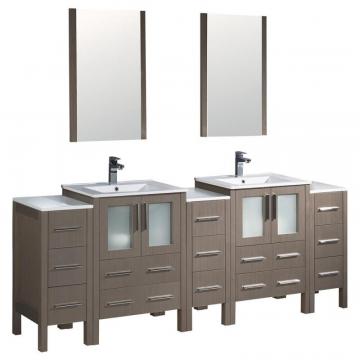 Fresca Torino 84" W Double Vanity in Grey Oak with 3 Side Cabinets and Integrated Sinks