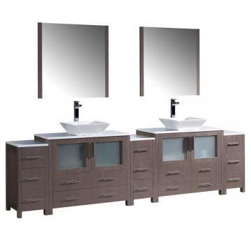 Fresca Torino 108" W Double Vanity in Grey Oak with 3 Side Cabinets and Vessel Sinks