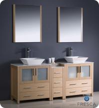 Fresca Torino 72" W Double Vanity in Light Oak Finish with Side Cabinet and Vessel Sinks