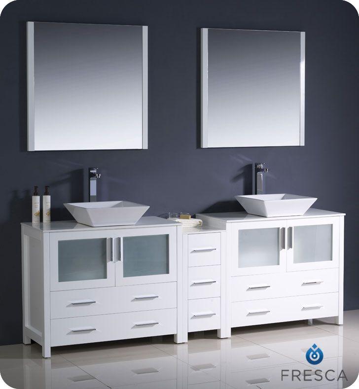 Fresca Torino 84" W Double Vanity in White with Side Cabinet and Vessel Sinks