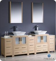 Fresca Torino 84" W Double Vanity in Light Oak with 3 Side Cabinets and Vessel Sinks