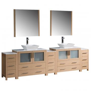 Fresca Torino 108" W Double Vanity in Light Oak with 3 Side Cabinets and Vessel Sinks