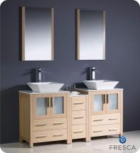 Fresca Torino 60" W Double Vanity in Light Oak with Side Cabinet and Vessel Sinks