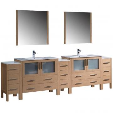 Fresca Torino 108" W Double Vanity in Light Oak with 3 Side Cabinets and Integrated Sinks