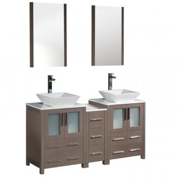 Fresca Torino 60" W Double Vanity in Grey Oak with Side Cabinet and Vessel Sinks